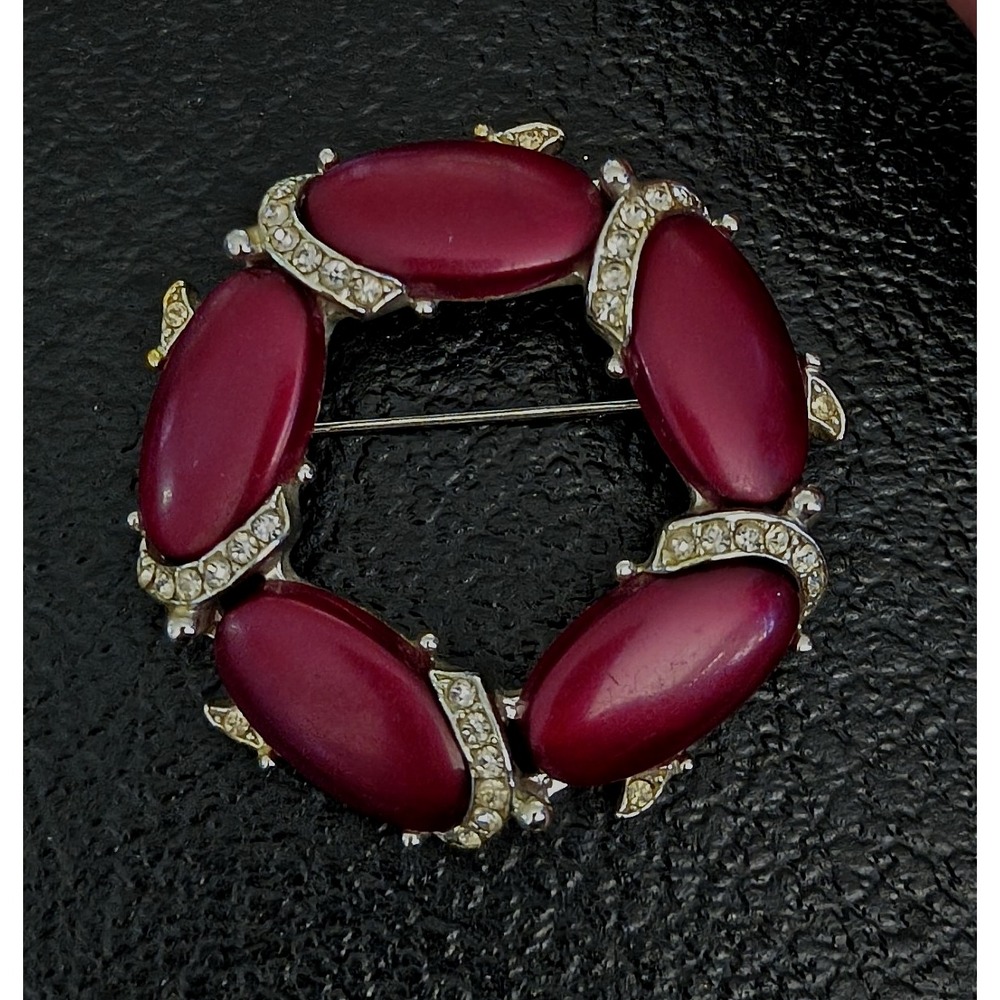 Vintage Kramer Maroon Thermoset Wreath Brooch Rhinestone Accents 2" Silver Plate